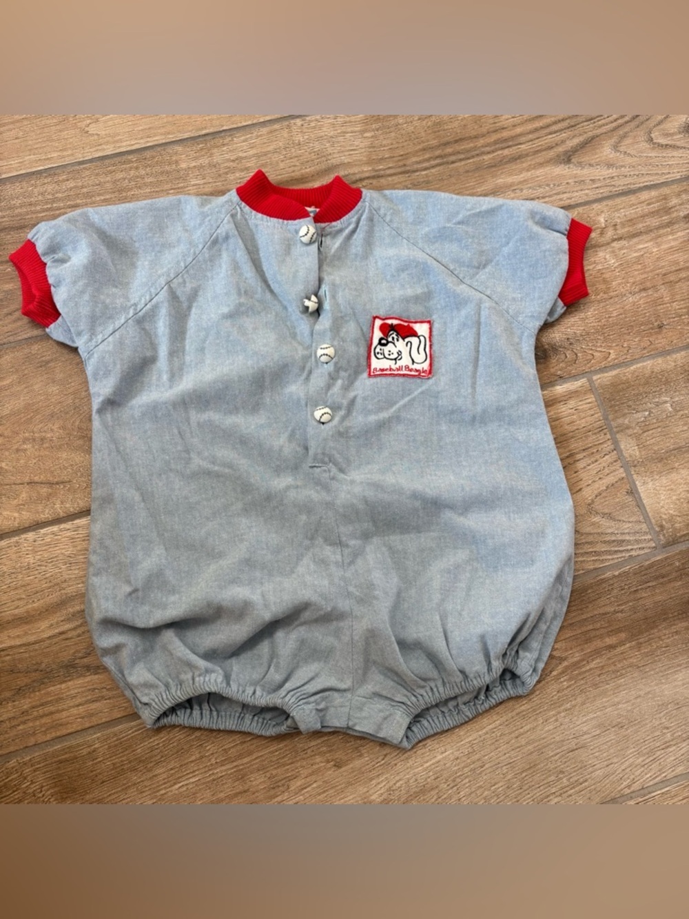 vintage 1980s Nana Basha cotton baseball romper features a "Baseball Beagle 24m